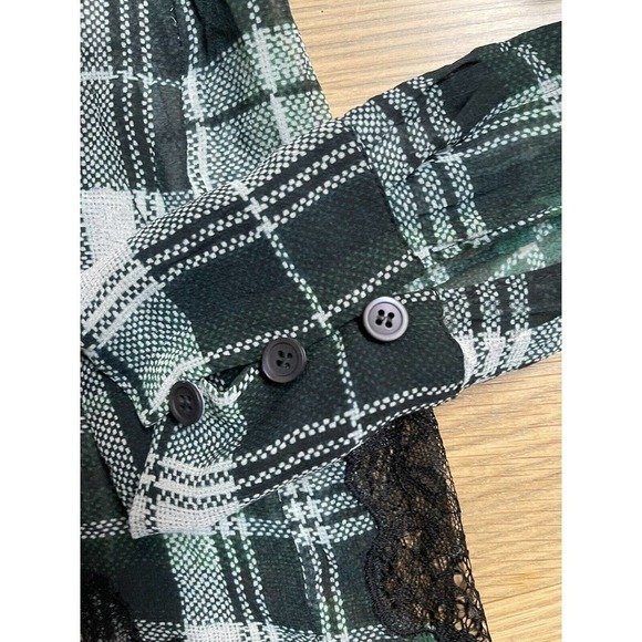 MCQ ALEXANDER MCQUEEN Fluid Tartan Plaid Silk Blouse Green Lace $610 - Picture 5 of 6